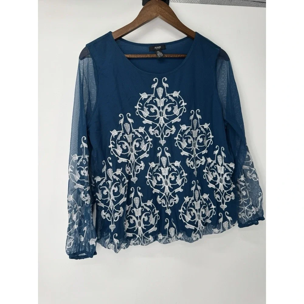 Alfani Blue Sheer‎ Sleeve Embroidered Blouse Fairy Romantic Whimsical Coquette